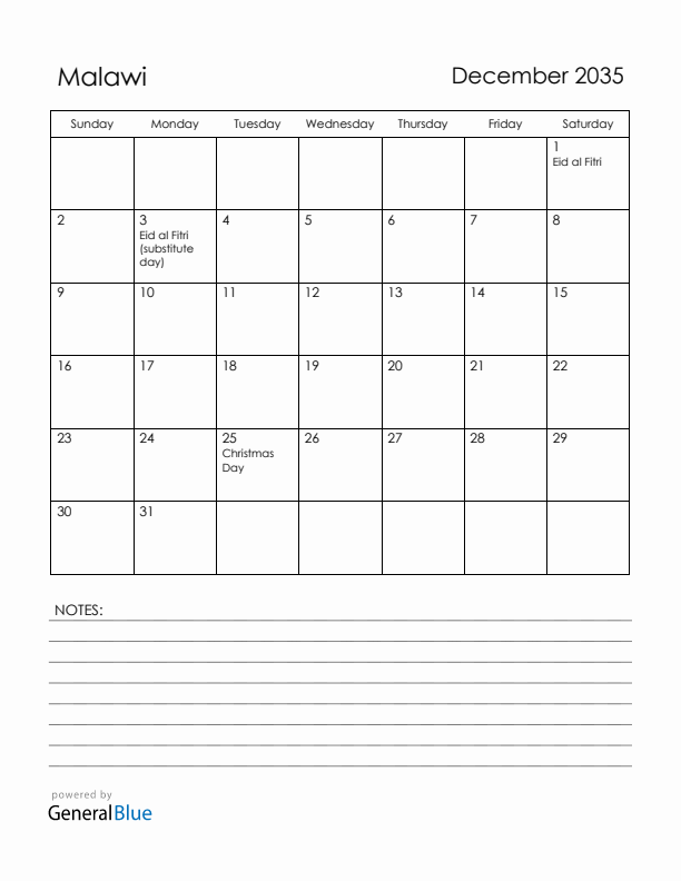December 2035 Malawi Calendar with Holidays (Sunday Start)