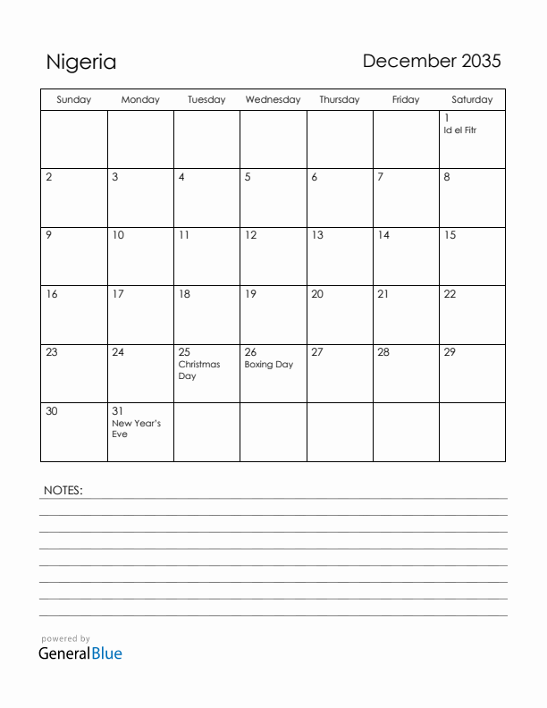 December 2035 Nigeria Calendar with Holidays (Sunday Start)