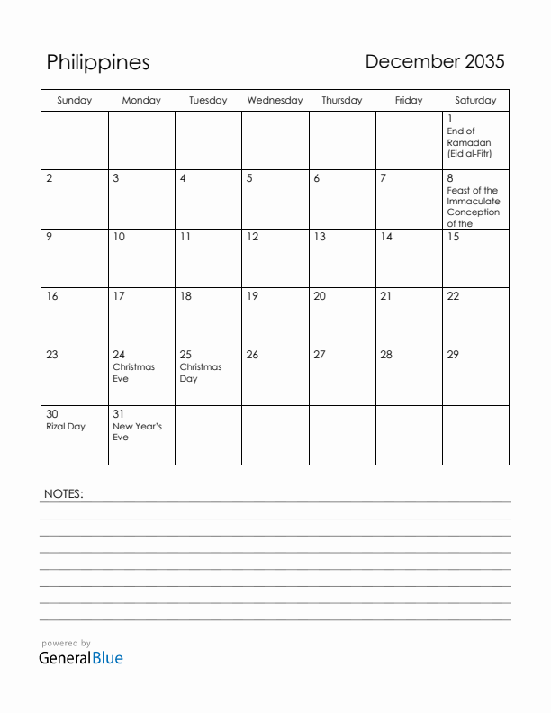 December 2035 Philippines Calendar with Holidays (Sunday Start)
