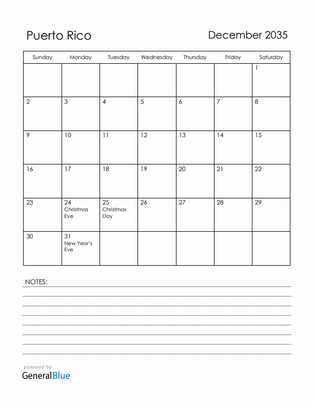 December 2035 Puerto Rico Calendar with Holidays (Sunday Start)