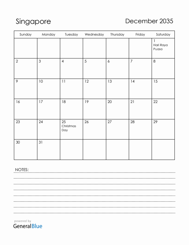 December 2035 Singapore Calendar with Holidays (Sunday Start)