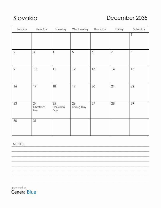 December 2035 Slovakia Calendar with Holidays (Sunday Start)