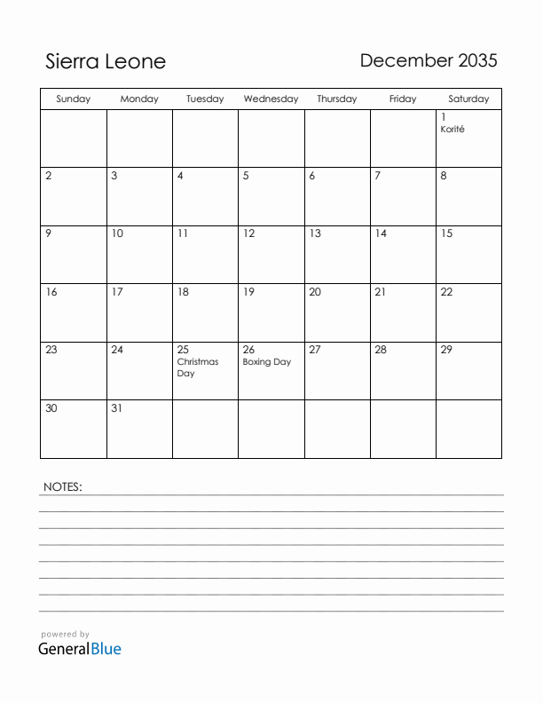 December 2035 Sierra Leone Calendar with Holidays (Sunday Start)