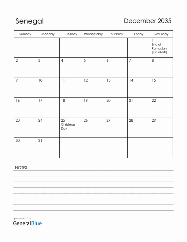 December 2035 Senegal Calendar with Holidays (Sunday Start)