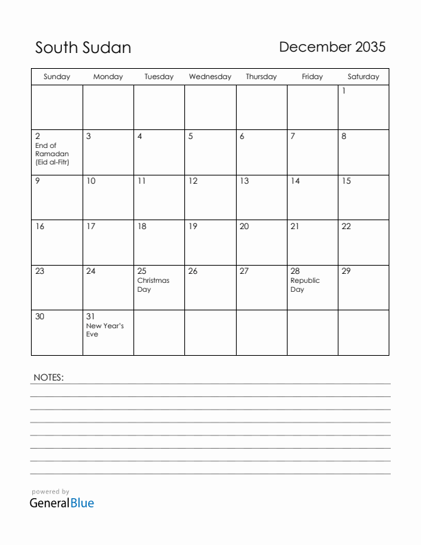 December 2035 South Sudan Calendar with Holidays (Sunday Start)