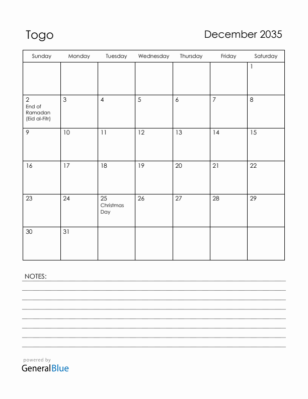 December 2035 Togo Calendar with Holidays (Sunday Start)