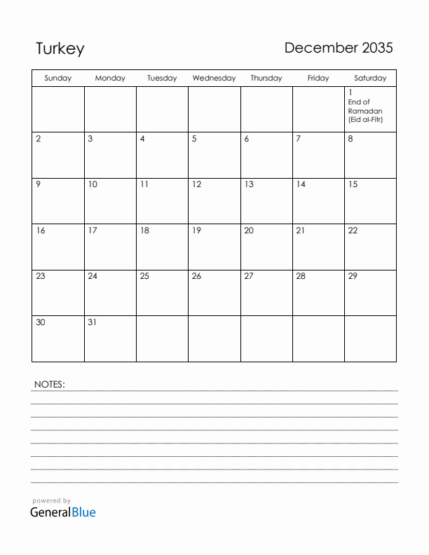 December 2035 Turkey Calendar with Holidays (Sunday Start)