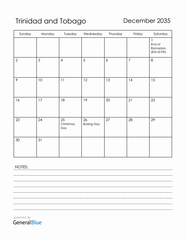 December 2035 Trinidad and Tobago Calendar with Holidays (Sunday Start)