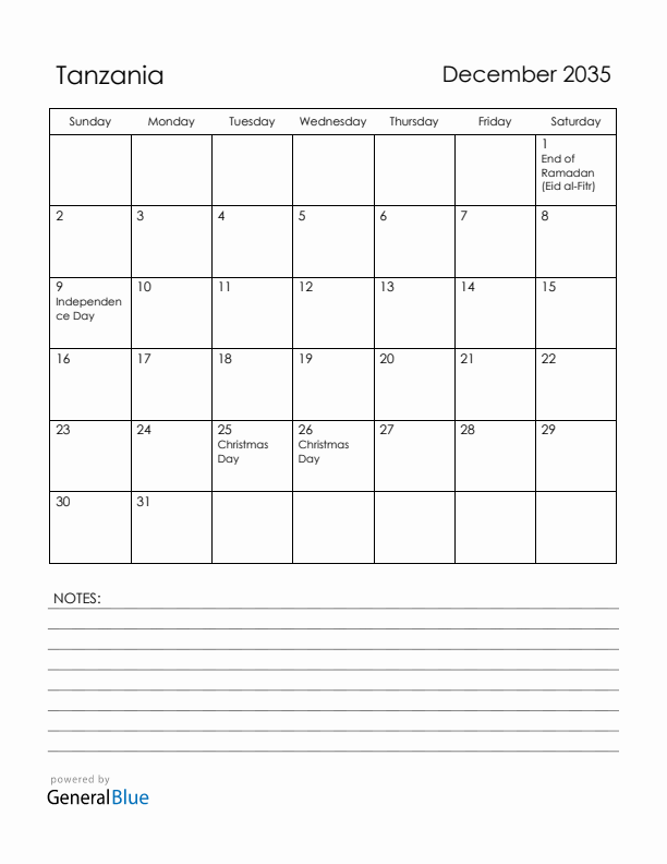 December 2035 Tanzania Calendar with Holidays (Sunday Start)