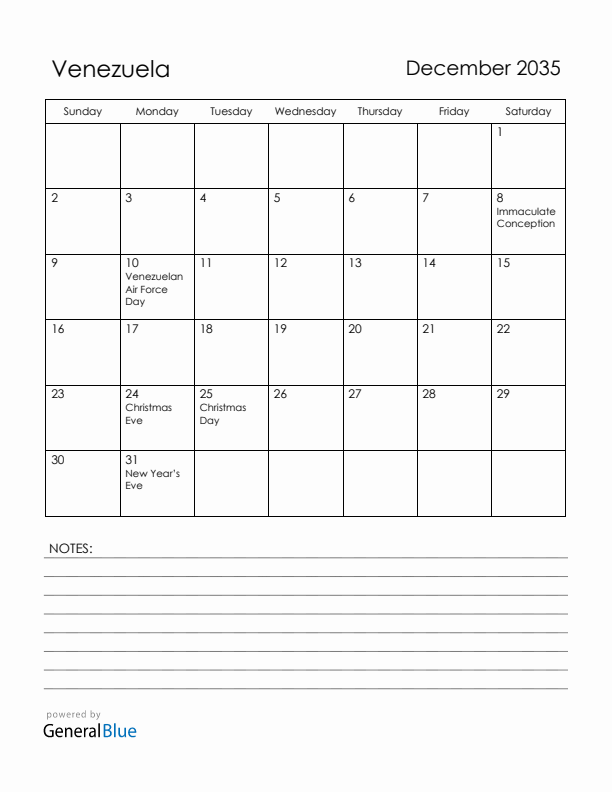 December 2035 Venezuela Calendar with Holidays (Sunday Start)