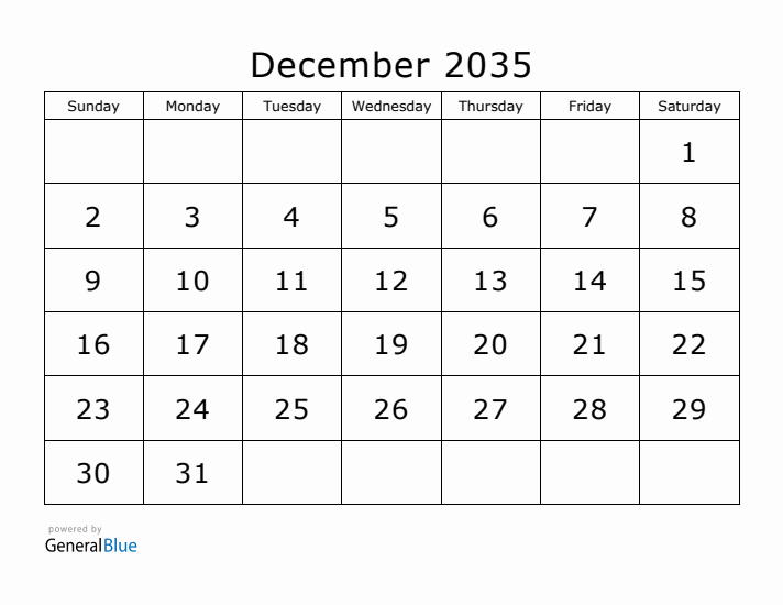 Printable December 2035 Calendar - Sunday Start