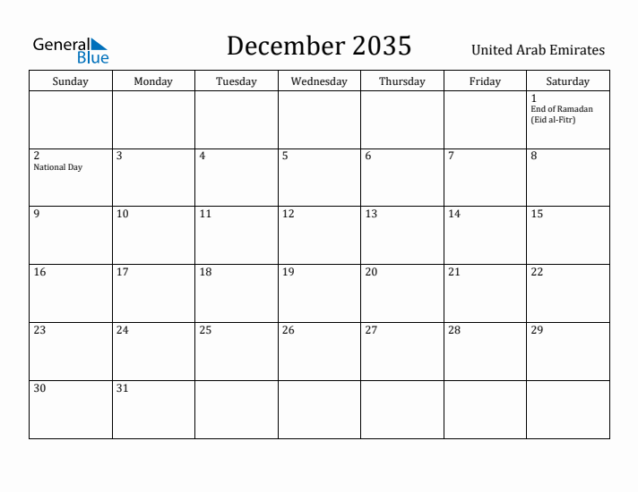 December 2035 Calendar United Arab Emirates