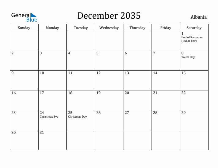 December 2035 Calendar Albania