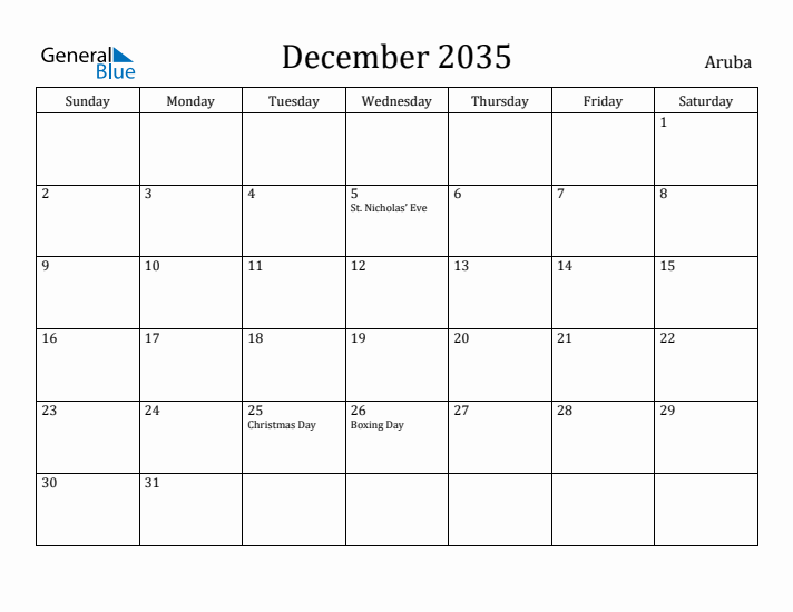 December 2035 Calendar Aruba