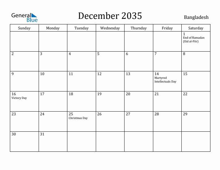 December 2035 Calendar Bangladesh