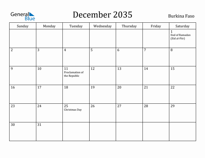 December 2035 Calendar Burkina Faso