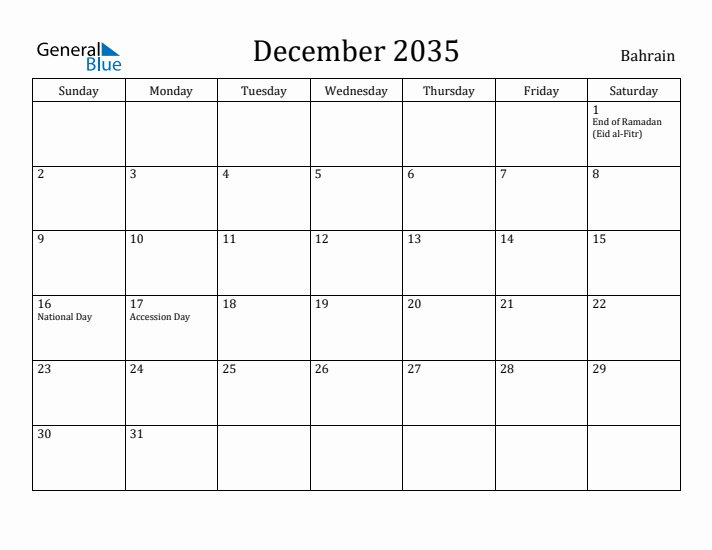 December 2035 Calendar Bahrain