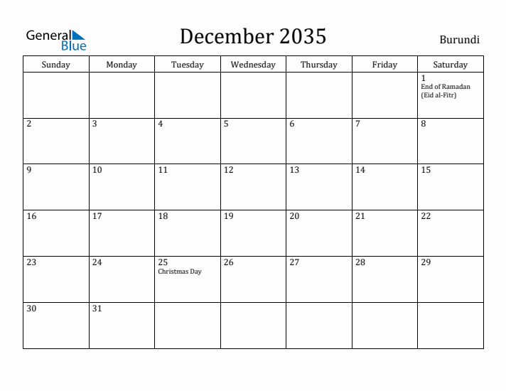 December 2035 Calendar Burundi