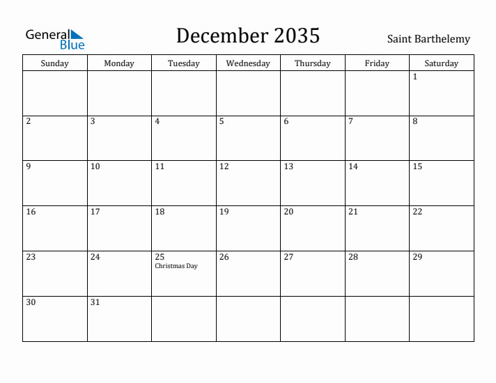December 2035 Calendar Saint Barthelemy