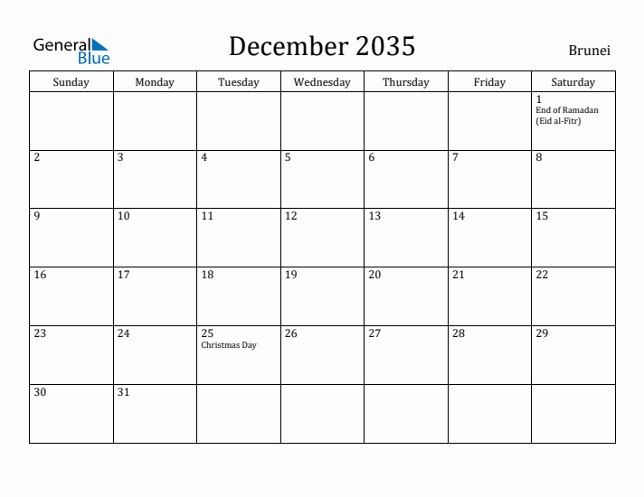 December 2035 Calendar Brunei