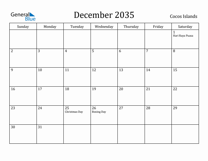 December 2035 Calendar Cocos Islands