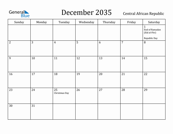 December 2035 Calendar Central African Republic