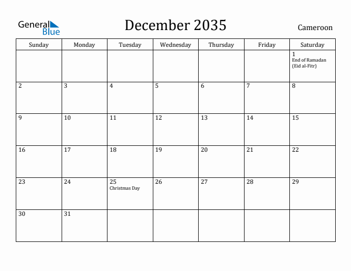 December 2035 Calendar Cameroon