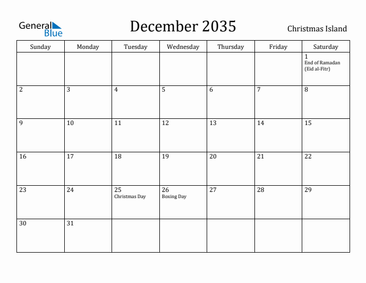 December 2035 Calendar Christmas Island