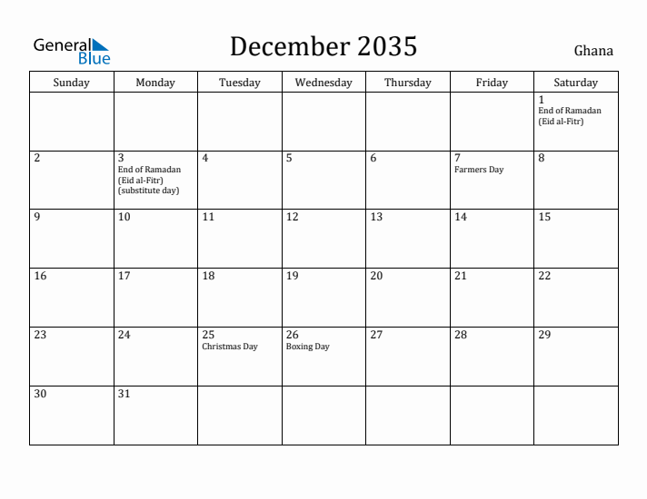 December 2035 Calendar Ghana