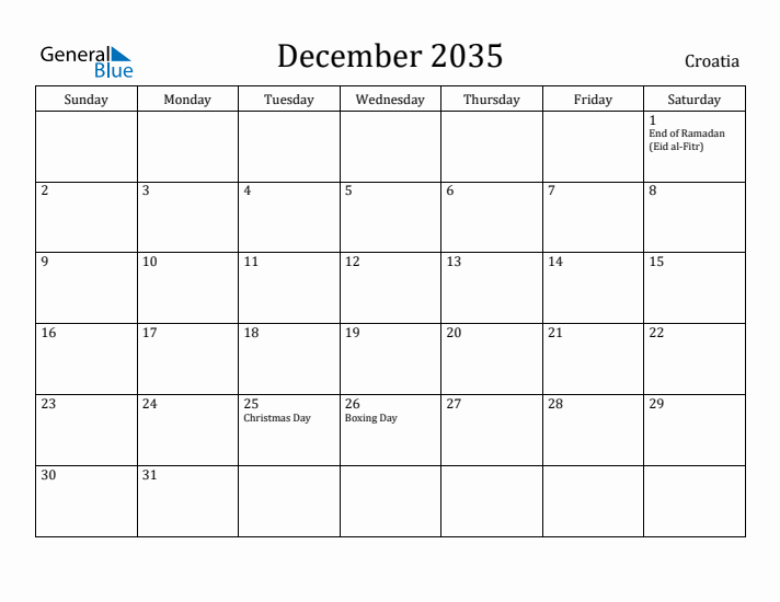 December 2035 Calendar Croatia