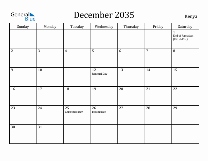 December 2035 Calendar Kenya