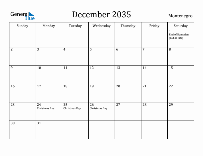 December 2035 Calendar Montenegro