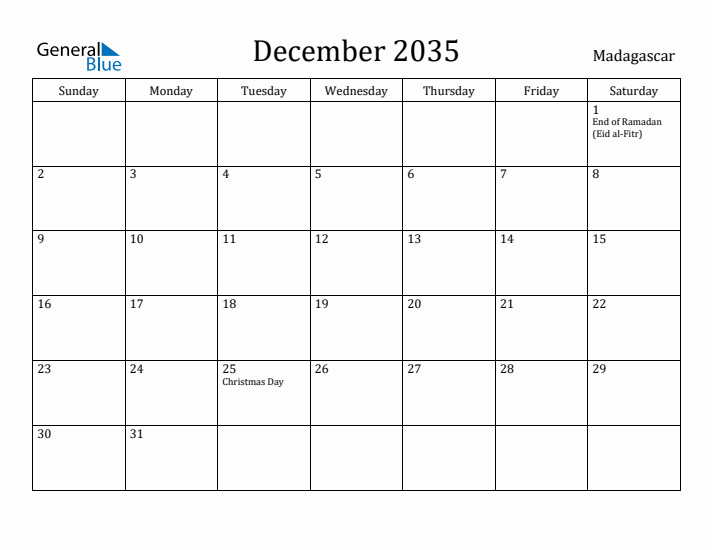 December 2035 Calendar Madagascar