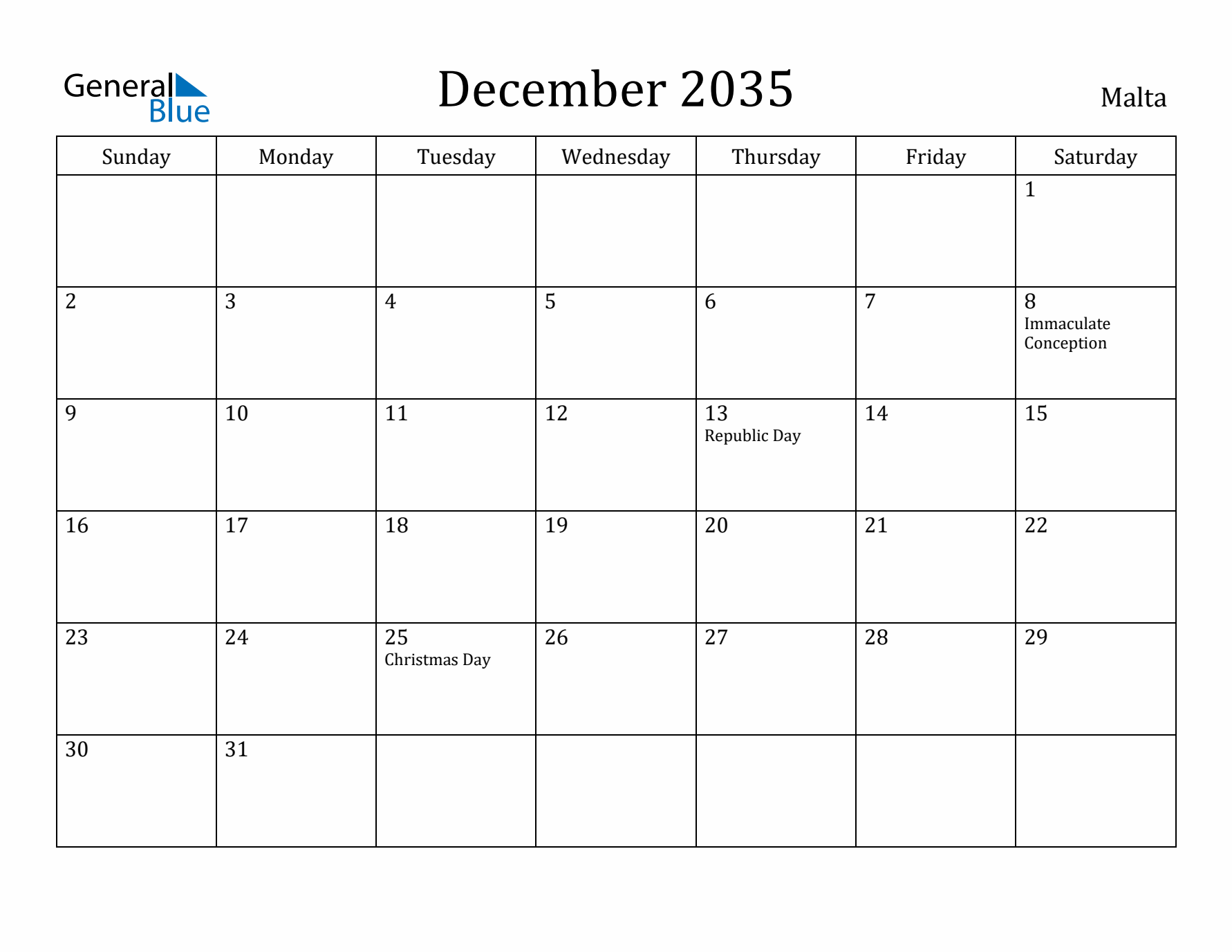 December 2035 Calendar Malta