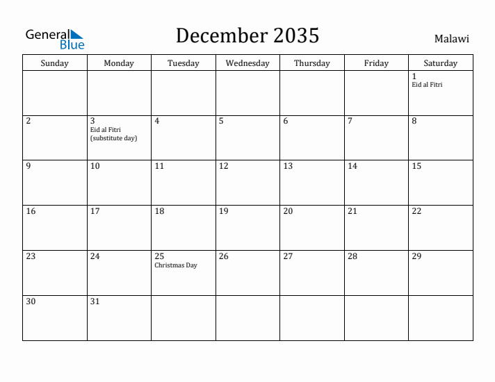 December 2035 Calendar Malawi