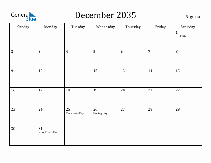 December 2035 Calendar Nigeria