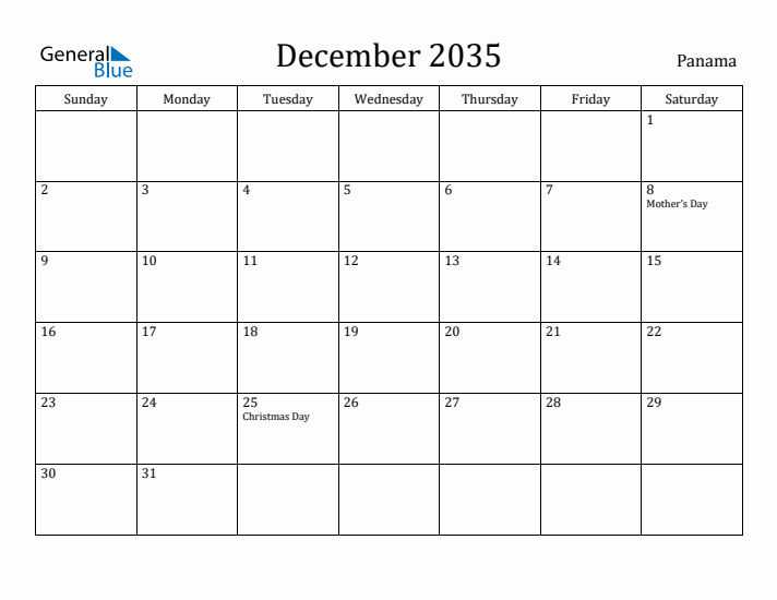 December 2035 Calendar Panama
