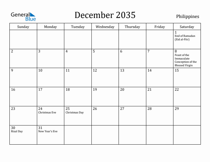 December 2035 Calendar Philippines