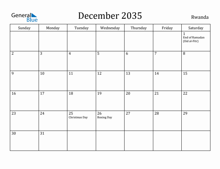 December 2035 Calendar Rwanda