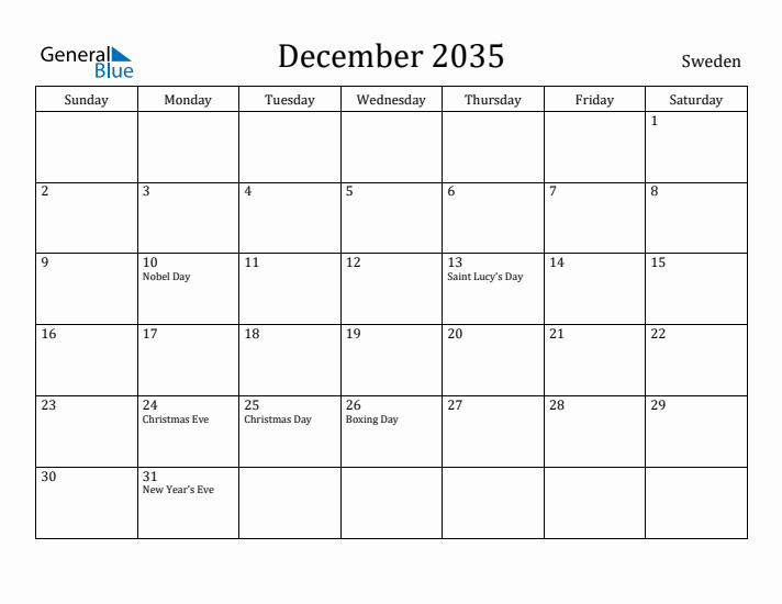 December 2035 Calendar Sweden