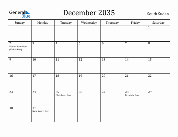 December 2035 Calendar South Sudan
