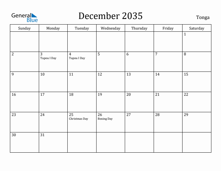December 2035 Calendar Tonga