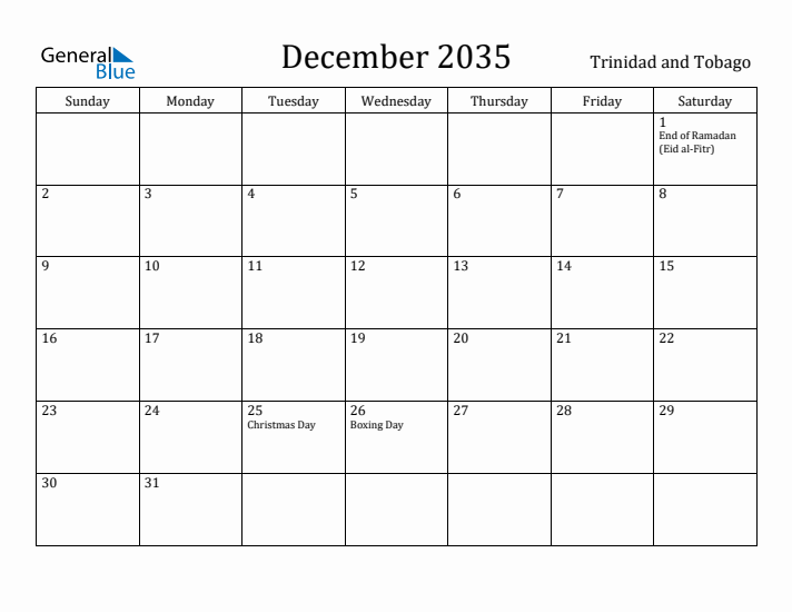 December 2035 Calendar Trinidad and Tobago