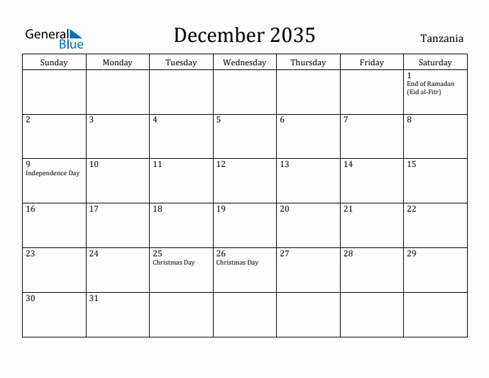 December 2035 Calendar Tanzania