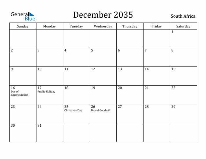December 2035 Calendar South Africa