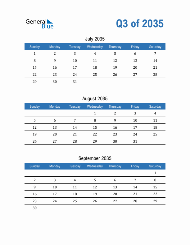 Fillable Quarterly Calendar for Q3 2035