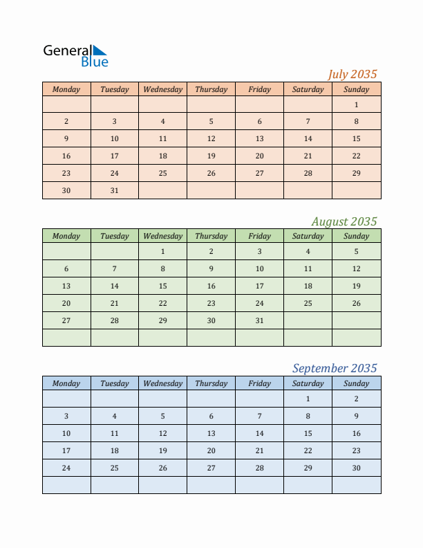Three-Month Calendar for Year 2035 (July, August, and September)