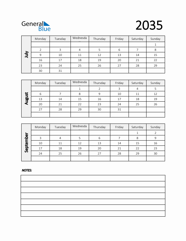 Q3 2035 Calendar with Notes