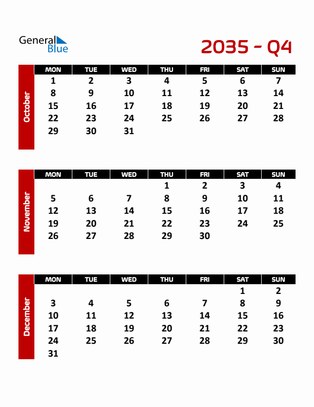 Editable Quarterly Calendar (Monday Start)