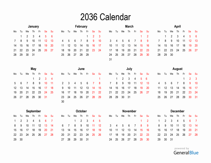 Free Calendar for 2036